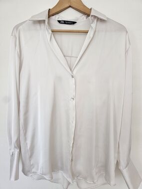 Zara White Satin Button-Down Shirt
